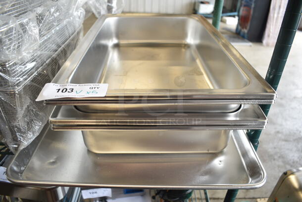 5 BRAND NEW SCRATCH AND DENT! Items; 4 922WATRPNFUL Stainless Steel Choice 4" Deep Full Size Water Pans and 1 Choice 407BUNFULL Full Size Baking Pan. 5 Times Your Bid! 