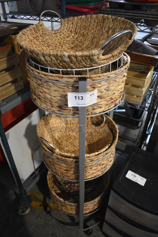 Gray Metal 3 Tier Basket Rack on Commercial Casters.