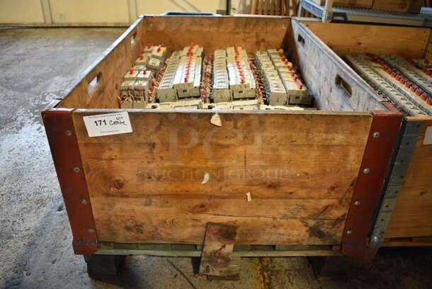 ALL ONE MONEY! Wooden Crate of Allen Bradley Starters Including 190S-AND2-CB25C-KY AND 140M-C2E-B25. Crate: 32x48x22
