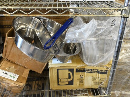 4 BRAND NEW SCRATCH AND DENT! Items Including 922EC4DIVFP Acopa 6.5 Qt. Supreme Divided Round Food Pan, Box of 12 oz Clear SAN Plastic Beer Mugs, 2 Metal Fry Baskets. 4 Times Your Bid! 