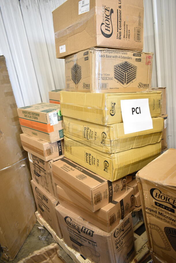 PALLET LOT of 33 BRAND NEW Boxes Including 127RD32COMBO Choice 32 oz. Customizable Microwavable Clear Round Deli Container and Lid Combo Pack - 250/Case, 274RK364 Noble Products 36-Compartment Gray Full-Size Glass Rack with 4 Green Extenders, 3 Box 127SB24COMBO Choice 24 oz. Clear Plastic Salad Bowl with Lid - 150/Case, 2 Box 129MCR32B Choice 32 oz. Black Round Microwavable Heavy Weight Container with Lid 7 1/4