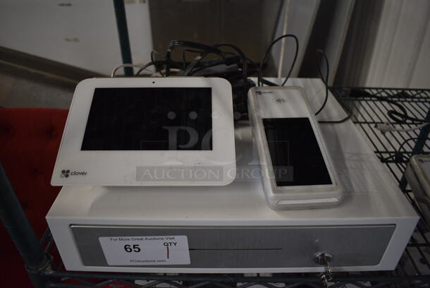 Clover 7" POS Monitor, Clover Tap To Pay Unit, Clover Model K400 Flex Cradle and Metal Cash Drawer