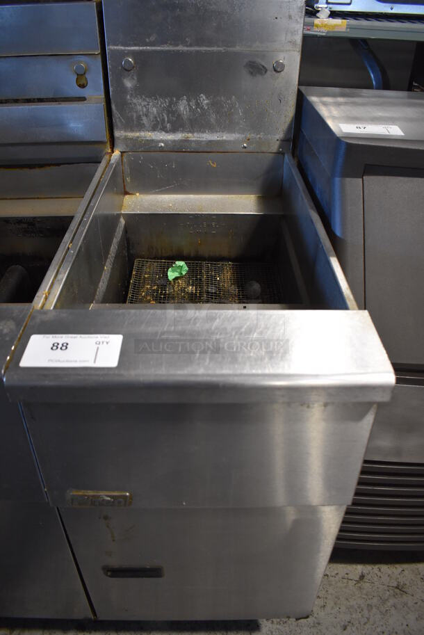Pitco Frialator SG14 Stainless Steel Commercial Floor Style Natural Gas Powered Deep Fat Fryer. 110,000 BTU. 16x34x53