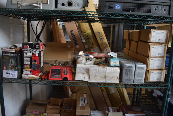 ALL ONE MONEY! Tier Lot of Various Items Including Hydraulic Bottle Jacks, 24 Occupancy Sensors and Hubbell AD1277W1N Wall Switches