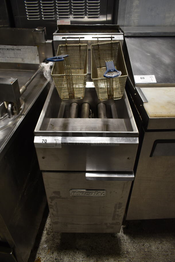Imperial Stainless Steel Commercial Natural Gas Powered Floor Style Deep Fat Fryer w/ 2 Metal Fry Baskets. 