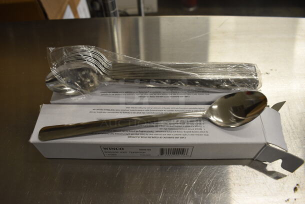 24 BRAND NEW IN BOX! Winco 0002-02 Stainless Steel Windsor Iced Teaspoons. 8". 24 Times Your Bid!