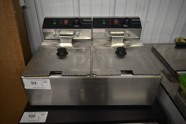 Galaxy 177EF20E Stainless Steel Commercial Countertop Electric Powered 2 Bay Fryer w/ 2 Fry Baskets and 2 Metal Lids. 110 Volts, 1 Phase. 