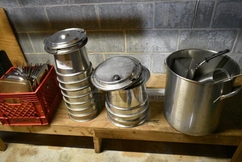 ALL ONE MONEY! Lot of Various Items Including Stainless Steel Cylindrical Drop In Bins, Stainless Steel Drop In Bin Lids, Metal Stock Pot. (basement) 