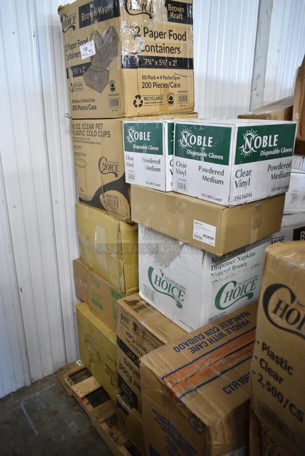 PALLET LOT of 20 BRAND NEW Boxes Including 2 Box 795PTOKFT2 Choice 7 3/4" x 5 1/2" x 2" Kraft Microwavable Folded Paper #2 Take-Out Container - 200/Case, 500CC16 Customizable Plastic Cold Cup, 2 Box 394360M Noble Products Powdered Disposable Vinyl Gloves for Foodservice - 1000/Case, Carlisle 609131 10 oz. 18/8 Mirror Polish Stainless Steel Roll-Top Covered Snack Dish, Choice Black #3 Paper Food Containers, CTR16BF BOWL W/LID 16oz RND 240 SAFESEAL BOWL W/FLAT LID, 346MEDCUP1Z Choice 1 oz. Disposable Polypropylene Graduated Medicine Cup - 5000/Case, Choice Ripple Wall Hot Cups, 966TALLFLDN Choice Kraft Natural Tall-Fold 6" x 13" Dispenser Napkin - 8000/Case, 129MCS28B Choice 28 oz. Black Rectangular Microwavable Heavy Weight Container with Lid 8 3/4" x 6 1/4" x 1 3/4" - 150/Case. 20 Times Your Bid!