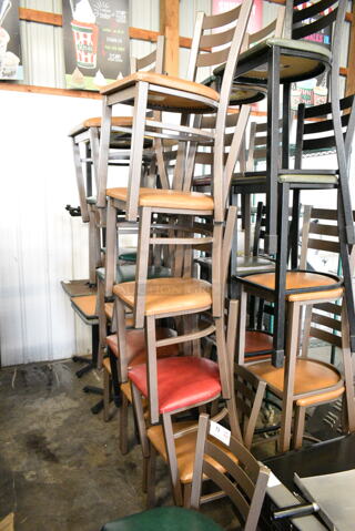 24 Brown and Black Metal Dining and Bar Height Chairs w/ Various Colored Seat Cushion. 24 Times Your Bid! 