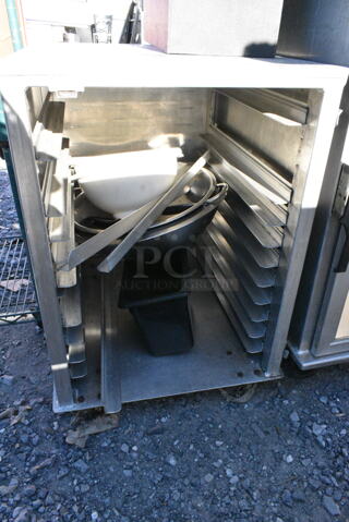 Metal Commercial Pan Transport Rack on Commercial Casters w/ Contents Including Metal Bowl, Colander. 