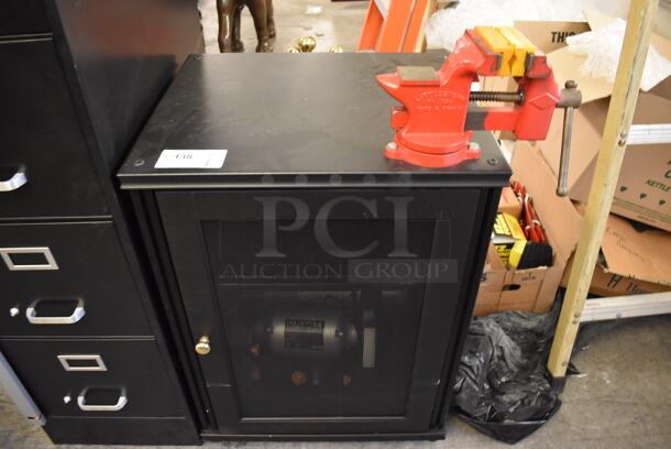 Black Metal Cabinet w/ Injecta Bench Grinder and Mounted Clamp.