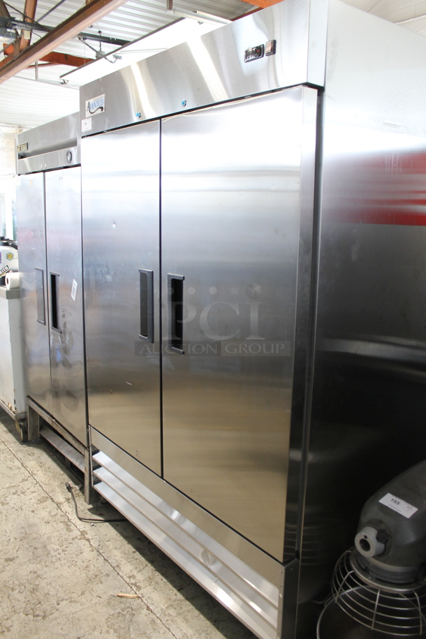BRAND NEW SCRATCH AND DENT! 2022 Avantco 178A49RHC Stainless Steel Commercial 2 Door Reach In Cooler w/ Poly Coated Racks on Commercial Casters. 115 Volts, 1 Phase. Tested and Working!