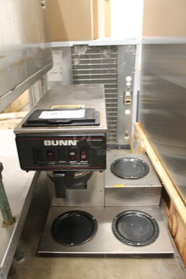 2011 Bunn VP17-3 Stainless Steel Commercial Countertop 3 Burner Coffee Machine w/ Poly Brew Basket. 120 Volts, 1 Phase. 