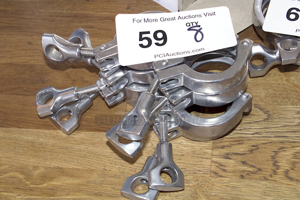 NEW-NEVER USED Glacier Tanks 1-1/2” Sanitary Clamps, Single Hinge, SS304 Stainless Steel. 8x Your Bid