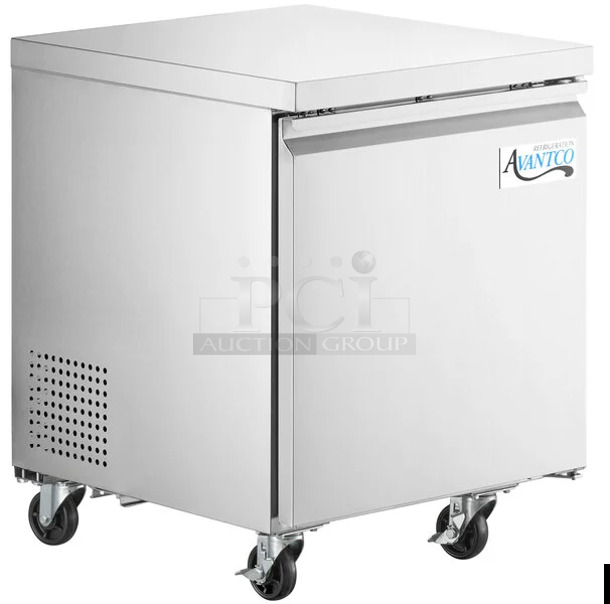 BRAND NEW SCRATCH AND DENT! 2022 Avantco 178SSUC27FHC Stainless Steel Commercial Single Door Undercounter Freezer on Commercial Casters. Casters Need Repair. 115 Volts, 1 Phase. Tested and Working!