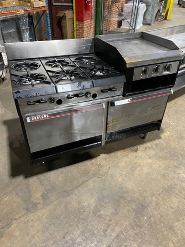 Garland Commercial Gas Powered 6 Burner Stove With Right Side Flat Griddle! Griddle Has Side Splashes! With Back Splash! With 2 Oven Underneath! Metal Oven Racks! All Stainless Steel! On Casters!