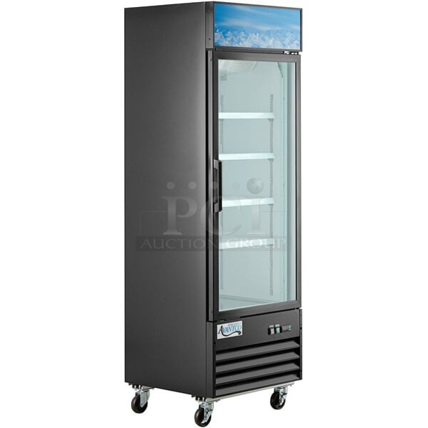 BRAND NEW SCRATCH & DENT! Avantco GDC-12F-HC 27" Black Swing Glass Door Merchandiser Freezer with LED Lighting. S/N: 708127262 All Racks & Hardware Present. Unit is dented and Top Panel is Broken. See photos. Due To Excessive Heat The Unit Was Not Tested. 