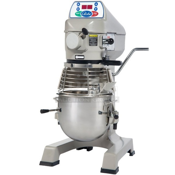 BRAND NEW SCRATCH AND DENT! Globe SP10 Metal Commercial Countertop 10 Quart Planetary Dough Mixer w/ Stainless Steel Mixing Bowl, Bowl Guard, Dough Hook, Paddle and Whisk Attachment. 110 Volts, 1 Phase. Tested and Working!