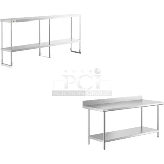 2 BRAND NEW SCRATCH AND DENT! Items Including Regency 600DOS1284 Stainless Steel Double Deck Overshelf - 12" x 84" x 32", Regency 600TSB3072S 30" x 72" 16-Gauge Stainless Steel Commercial Work Table with 4" Backsplash and Undershelf. 2 Times Your Bid! May Be Missing Pieces. 