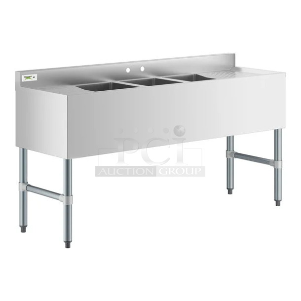 BRAND NEW SCRATCH AND DENT! Regency 600B31014213 Stainless Steel Commercial 3 ay Underbar Sink with Two Drainboards. Bays 10x14x10. Drain Boards 11x15