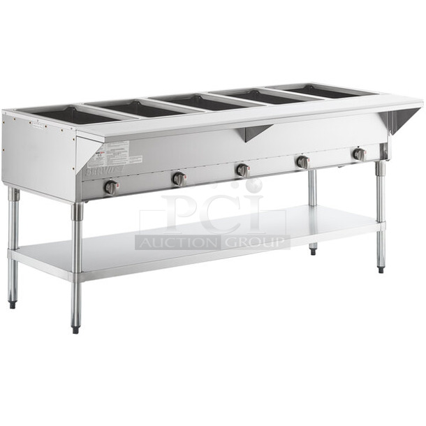 BRAND NEW SCRATCH AND DENT! ServIt 423GST5WENG Stainless Steel Commercial  Five Pan Open Well Natural Gas Steam Table with Undershelf. 17,500 BTU