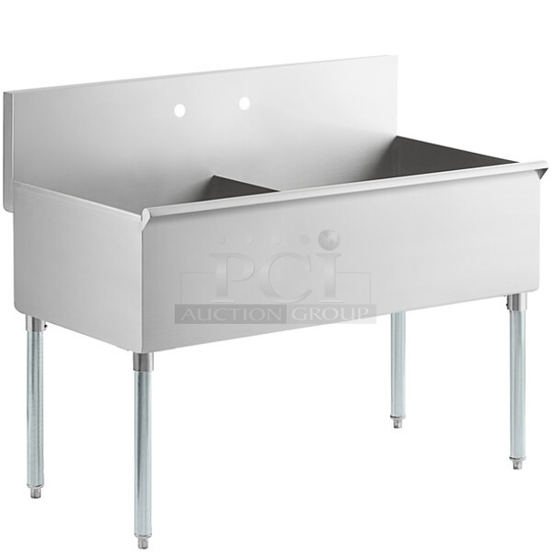 BRAND NEW SCRATCH AND DENT! Regency 600S22424S Stainless Steel 48" 16-Gauge Stainless Steel Two Compartment Commercial Utility Sink - 24" x 24" x 13" Bowl. No Legs