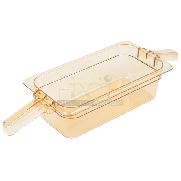 3 Boxes of 6 BRAND NEW! Carlisle 30861HH13 StorPlus 1/3 Size Amber High Heat Plastic Food Pan with (2) Handles - 4" Deep. 3 Times Your Bid!