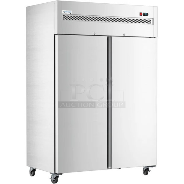 BRAND NEW SCRATCH AND DENT! 2023 Avantco  178Z2FHC Stainless Steel Commercial 2 Door Reach In Freezer w/ Poly Coated Racks. 115 Volts, 1 Phase. Tested and Powers On But Does Not Get Cold