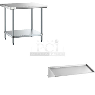 2 BRAND NEW SCRATCH AND DENT! Items Including 600T3036G 30" x 36" 18-Gauge 304 Stainless Steel Commercial Work Table with Galvanized Legs and Undershelf and Regency 600WR63 63" Wall Mounted Slanted Rack Shelf. 2 Times Your Bid! May Be Missing Pieces. 