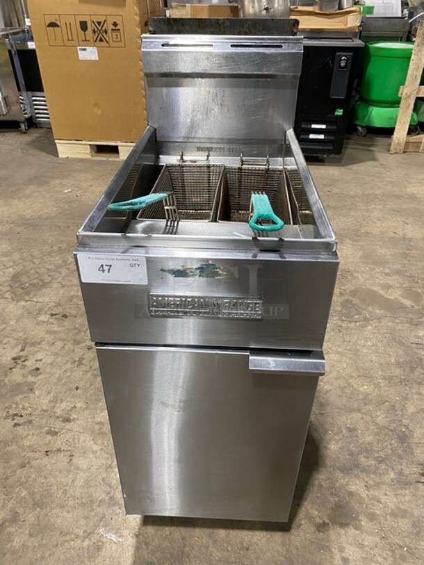 American Range Commercial Natural Gas Powered Deep Fat Fryer! With Backsplash! All Stainless Steel! On Legs! - Item #1115926