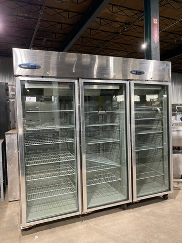 COOL! Hoshizaki Commercial 3 Door Reach In Refrigerator Merchandiser! With View Through Doors! Poly Coated Racks! All Stainless Steel! On Casters! Model: CR3BFGY SN: E50142C 115V 60HZ 1 Phase