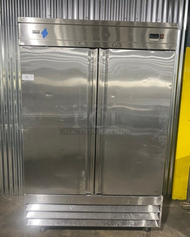 Summit Stainless Steel Commercial 2 Door Reach In Cooler w/ Poly Coated Racks on Commercial Casters! MODEL SCRR490 115V - Item #1116959