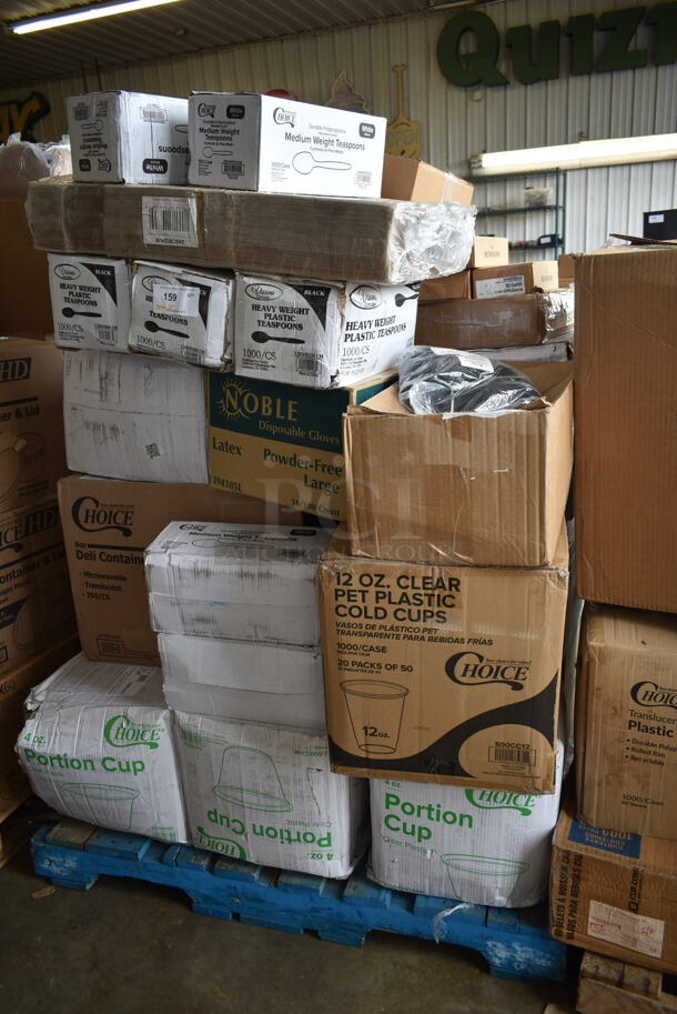 PALLET LOT of 35 BRAND NEW Boxes Including 2 Box 130WSPOON Choice Medium Weight White Plastic Teaspoon - 1000/Case, 245CB12PLN Choice 12" x 12" x 2" Kraft Customizable Corrugated Plain Pizza Box - 50/Case, 3 Box 130HSBK1M Visions Black Heavy Weight Plastic Teaspoon - Case of 1000, 394385L Noble Products White Powder-Free Disposable Latex Gloves for Foodservice - Large - 1000/Case, 127RD8COMBO Choice 8 oz. Customizable Microwavable Clear Round Deli Container and Lid Combo Pack - 250/Case, 127P400C Choice Clear Plastic Souffle Cup, 3 Box Choice 4 oz Portion Cups, 500CC12 12 oz. Plastic Cold Cup - 1000/Case, 3 Box Cambro 30HPD150 1/3 Size Amber High Heat Drain Tray, Noble X Large Gloves, 130HBKCUTFW Visions Individually Wrapped Black Heavy Weight Plastic Fork - 1000/Case. 35 Times Your Bid!