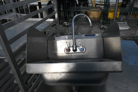 Stainless Steel Single Bay Wall Mount Sink w/ Faucet, Handles and Side Splash Guards. 