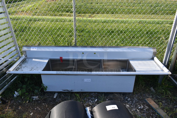 BRAND NEW SCRATCH AND DENT! Advance Tabco FC-3-1818-18RL Stainless Steel Commercial 3 Bay Sink w/ Dual Drain Boards and Legs. Bays 18x18. Drain Boards 16x19