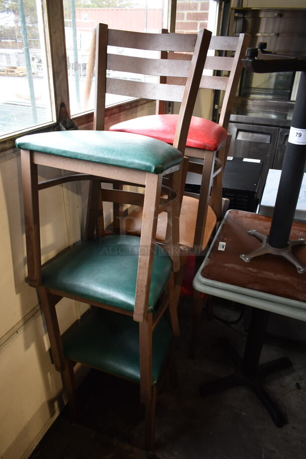 6 Brown Metal Dining Height Chairs w/ Green, Red and Tan Seat Cushions. 6 Times Your Bid!