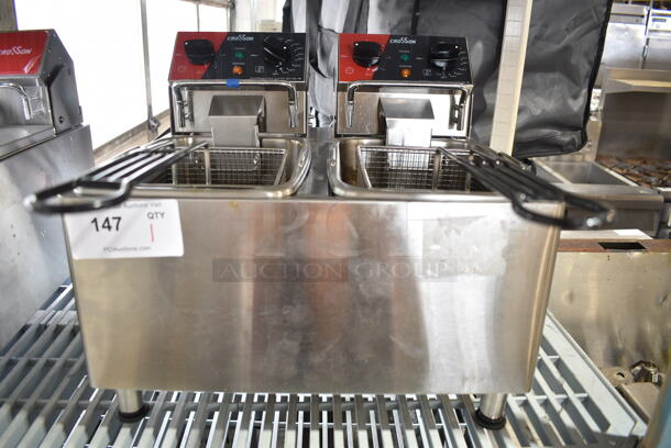 2024 Crosson CF-20 Stainless Steel Commercial Countertop Electric Powered 2 Bay Fryer w/ 2 Metal Fry Baskets. 120 Volts, 1 Phase.