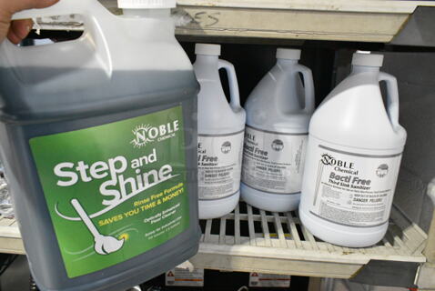 4 BRAND NEW SCRATCH AND DENT! Items Including Noble Chemical 2.5 Gallon / 320 oz. Step & Shine Concentrated Floor Cleaner Jug and 3 Noble Chemical 1 Gallon / 128 oz. Bacti-Free Concentrated Third Sink Sanitizer. 4 Times Your Bid! 