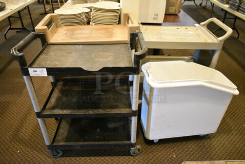 4 Various Items Including 3 Poly 3 Tier Carts on Commercial Casters and 1 Ingredient Bin. Includes 32x16x38, 14x30x28. 4 Times Your Bid! (main dining room)