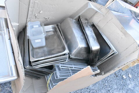 Box of Various Items Including Stainless Steel Drop In Bins and Racks. 