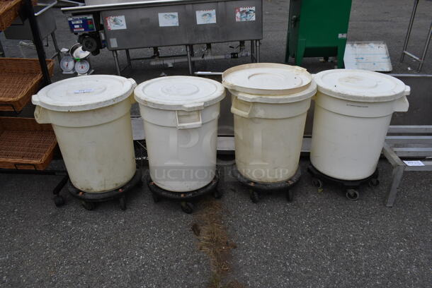 4 White Poly Trash Cans w/ Lids on Dollies. 4 Times Your Bid!