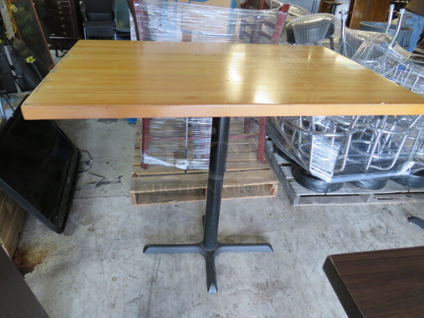 One Solid Wooden Butcher Block Table Top On A Dual Bar Height Pedestal Base. 48X30X42