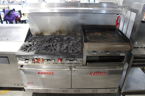 Vulcan Stainless Steel Commercial Natural Gas Powered 6 Burner Range w/ Right Side Flat Top Griddle, Convection Oven, Oven, Over Shelf and Back Splash. 63x32x60