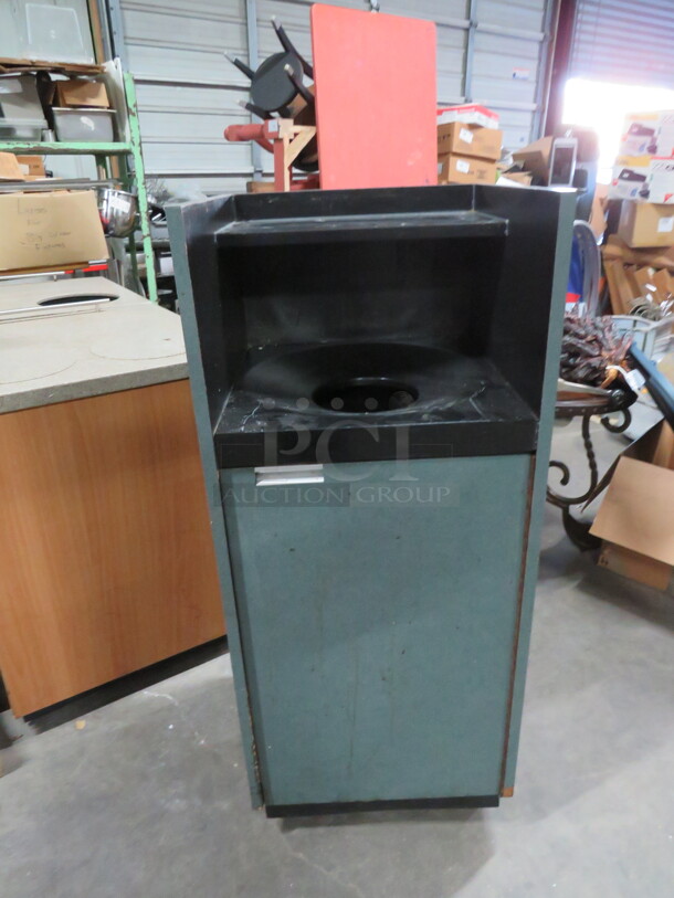 One Green Laminate 1 Door Trash Receptacle With Upper Tray Holder On Casters. 20X20X47