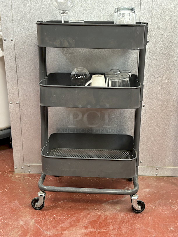 NICE!! 3 Shelf Rolling Cart Perfect For Glass Transport. Includes Glasses.