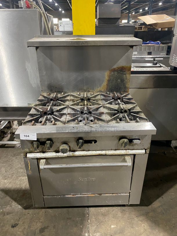 Sunfire Commercial Natural Gas Powered 6 Burner Stove! With Raised Back Splash And Salamander Shelf! With Oven Underneath! All Stainless Steel! On Legs!