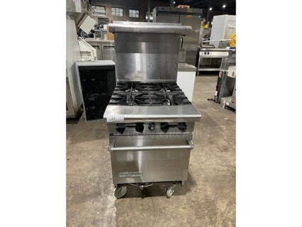 American Range Natural Gas Powered 4 Burner Range! With Oven Underneath! All Stainless Steel! With Raised Backsplash & Salamander Shelf! On Casters!