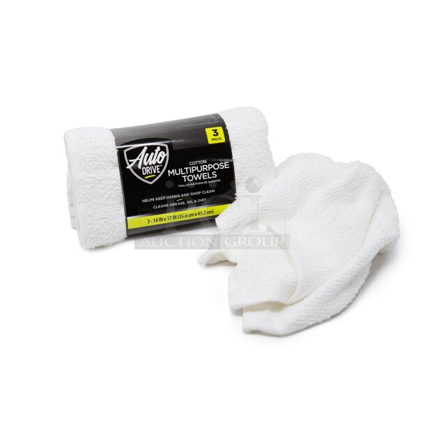 LOT OF 40 Auto Drive Car Wash Terry Towels, 3PK, 100% Cotton, 14" x 17" Square, White. 120 Towels In Total. 40x Your Bid