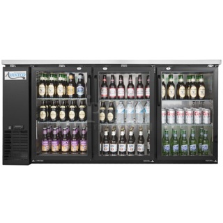 BRAND NEW SCRATCH AND DENT! 2024 Avantco 178UBB72GHC Metal Commercial 73" Black Counter Height Narrow Glass Door Back Bar Refrigerator with LED Lighting. See Pictures for Broken Glass. 115 Volts, 1 Phase. 
